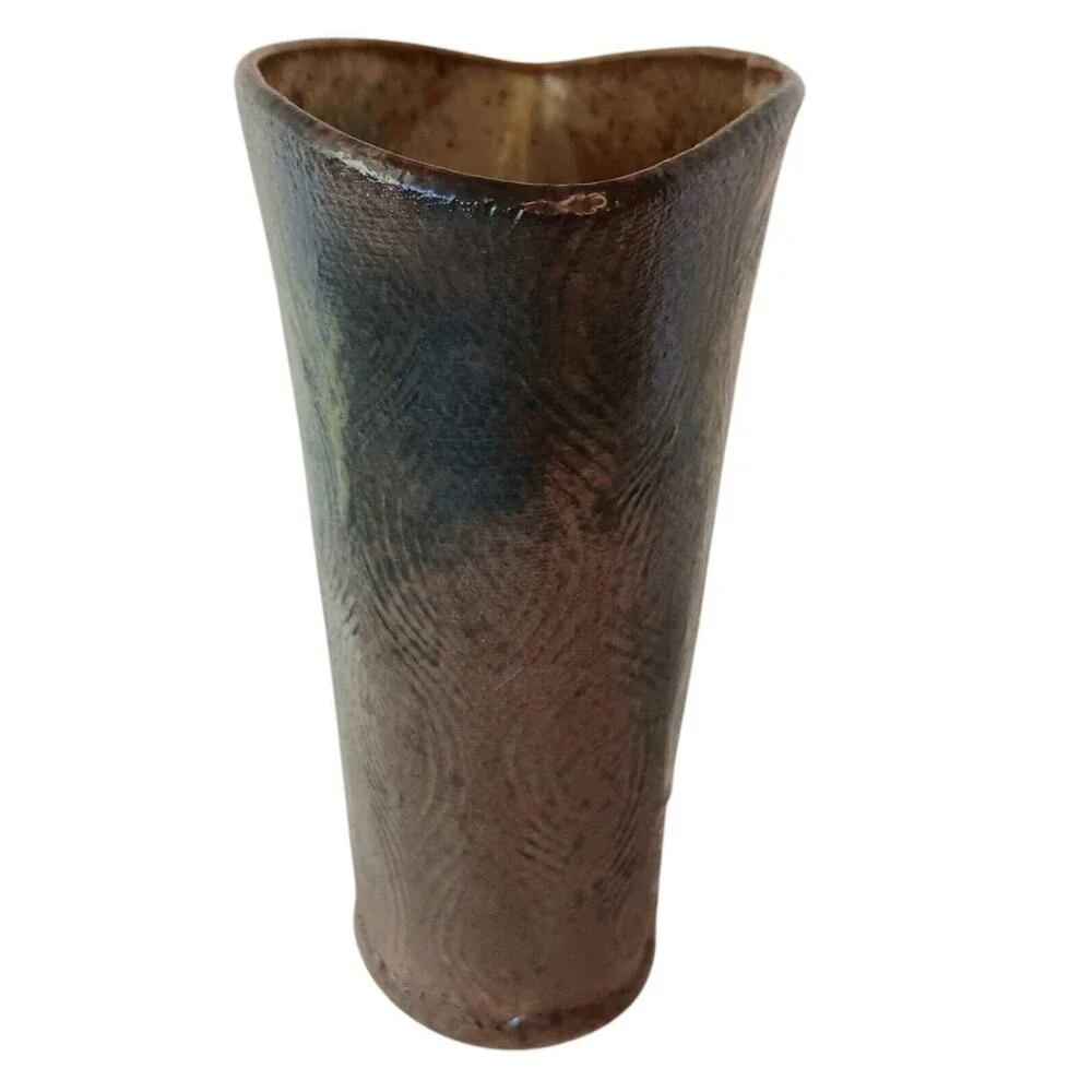 Cynthia Spencer Pottery Vase Brown Rust Mustard Colors Fan Shape 6.5